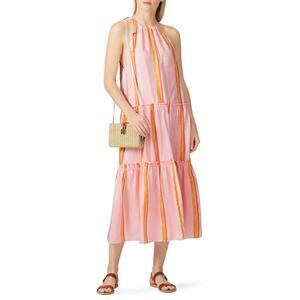 Club Monaco Amirra Dress Women's 10 Pink Striped Silk Sleeveless Midi Tiered RTR
